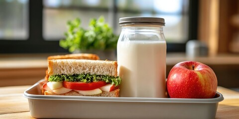 Aufkleber - Healthy lunch tray featuring two sandwiches with lettuce, tomato, apple slices, a glass of milk, a red apple on a wooden table with green plants.