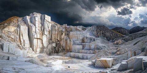 Leinwandbilder - Dramatic marble quarry landscape under dark stormy sky showcasing massive stone blocks in various positions with contrasting light and shadow effects.