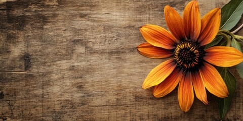 Fototapete - Rustic brown and orange rudbeckia hirta flower positioned on weathered wooden background with blank space on left for text or copy elements.