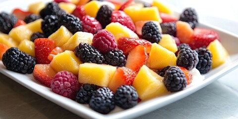 Poster - Colorful fruit salad featuring vibrant diced strawberries, pineapple, raspberries, blackberries on a white plate with a soft light background.