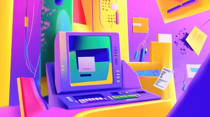 Poster - Bold colors and geometric shapes combined with a vintage gaming console and floppy disks, bringing back the 90s tech vibe.