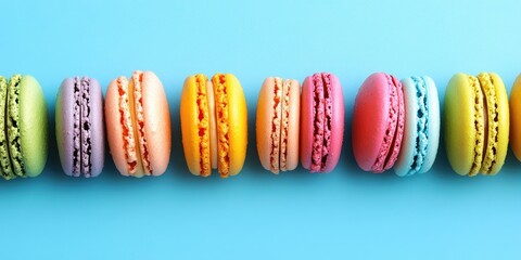 Poster - Colorful macarons arranged in a row on a vibrant blue background featuring pastel shades of purple, pink, orange, green, and yellow.