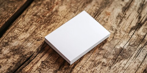 Poster - White business cards neatly stacked on a rustic wooden surface, showcasing a professional template for branding identity and design concepts.