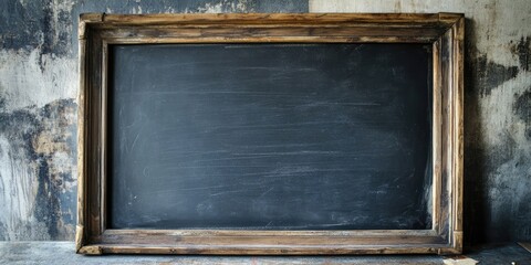 Aufkleber - Vintage wooden-framed chalkboard with a rustic appearance set against a textured backdrop of faded blue and brown walls, emphasizing craftsmanship and nostalgia.