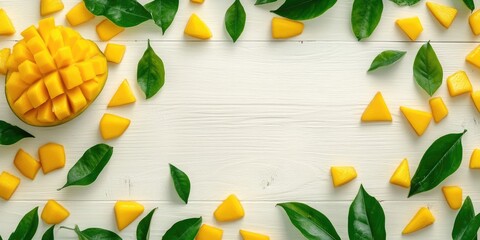 Poster - Fresh ripe mango cubes arranged artistically on a light wooden surface surrounded by green leaves creating a vibrant natural frame.