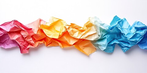 Aufkleber - Crumpled colorful paper in gradient shades of red, orange, yellow, and blue positioned horizontally on a clean white background viewed from above