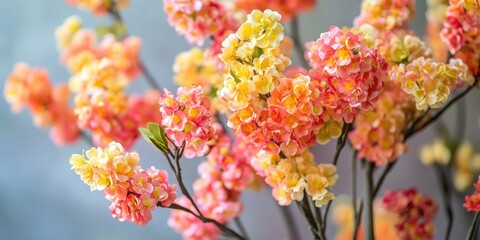Aufkleber - Vibrant floral arrangement featuring clusters of pink, orange, and yellow blossoms against a soft blurred background, showcasing delicate textures and colors.