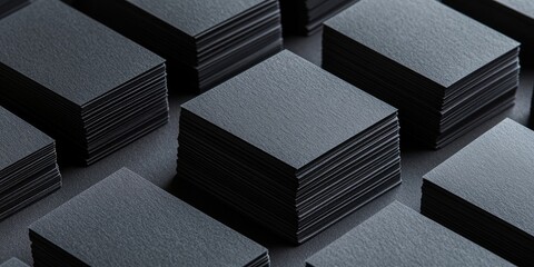 Poster - Neatly arranged horizontal black business cards stacked in rows on a textured white paper background emphasizing organization and professionalism.