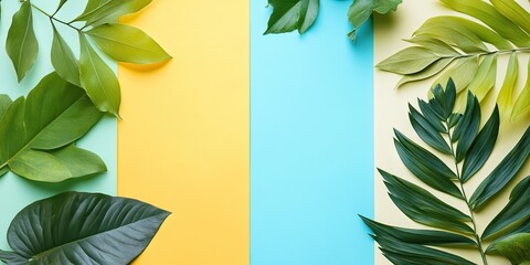 Poster - Minimalist flat lay of vibrant leaves on soft pastel background featuring teal yellow and light mint green colors arranged symmetrically for a natural vibe