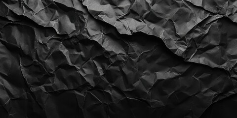 Fototapete - Crumpled damp black paper texture with deep shadows and highlights creating an abstract horizontal background with ample copy space available
