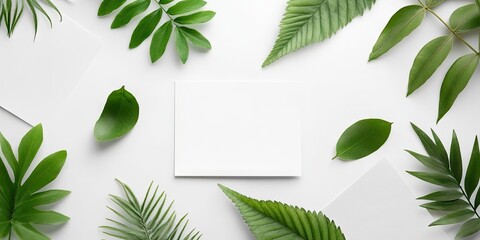 Aufkleber - Minimalist flat lay of green leaves and white paper on a bright background featuring various leaf sizes arranged symmetrically for natural elegance