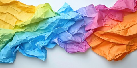 Poster - Crumpled colorful paper waves in vibrant blue, green, yellow, pink, and orange shades against a clean white background captured from above