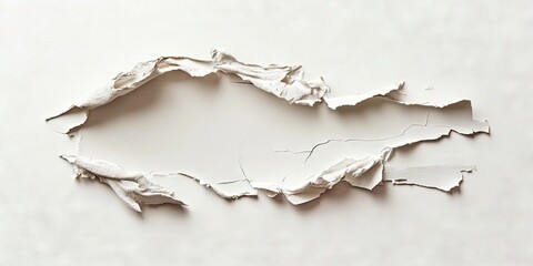 Fototapete - Ripped cardboard fragment on a light white surface creating an abstract pattern with jagged edges and soft textures highlighting depth and detail