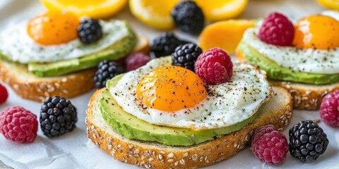 Poster - Vibrant avocado and egg toast on whole grain bread topped with fresh raspberries and blackberries placed on a light background with citrus slices.