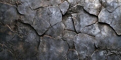 Fototapete - Textured cracked stone surface in shades of gray with irregular, rough pieces arranged closely together, creating a rugged and weathered appearance.