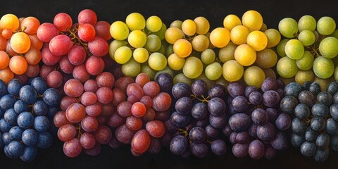 Poster - Colorful display of assorted grapes arranged in an intricate row showcasing red green yellow purple blue against a dark background highlighting diversity