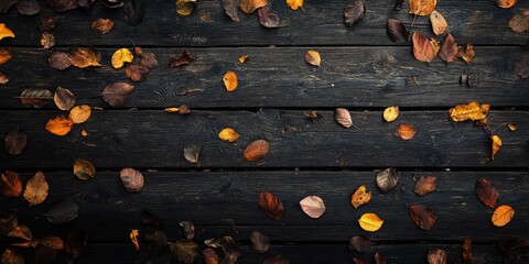 Leinwandbilder - Autumn leaves in vibrant orange yellow and brown scattered across a dark weathered wooden surface with visible knots and aged textures