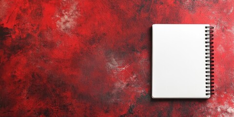 Poster - white notebook positioned in the upper right corner against a vibrant red textured background with g