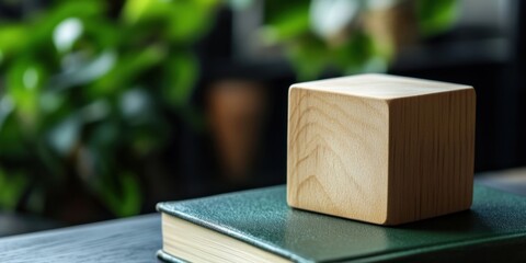Aufkleber - Wooden cube resting on a green notebook surrounded by blurred greenery in the background highlighting the cube's simplicity and texture
