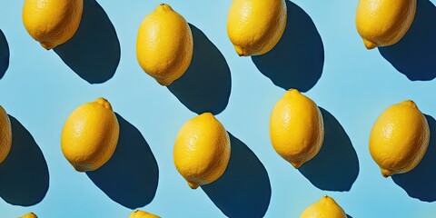 Poster - Vibrant yellow lemons arranged in a pattern casting shadows on a light blue background with ample copy space for text placement.