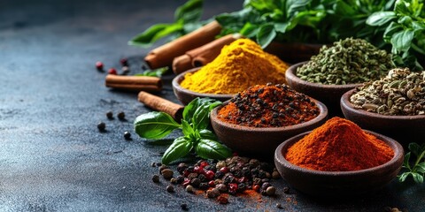 Poster - Vibrant spices in ceramic bowls with rich colors of red, yellow, and green arranged on a textured table, surrounded by fresh herbs and cinnamon sticks.