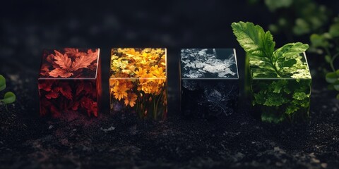 Aufkleber - Transparent cubes with seasonal foliage display in vivid colors on a black background featuring red autumn leaves, yellow flowers, winter frost, and green spring plant.