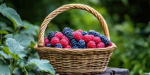 Poster - Ripe blackberries and raspberries in a woven basket against green foliage with vibrant colors showcasing the fresh summer harvest.