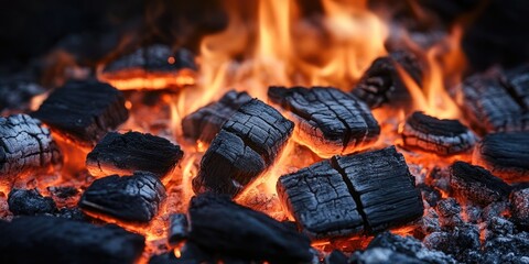 Aufkleber - Glowing embers with orange flames prominently in the center surrounded by textured black charcoal pieces creating a warm, fiery scene.