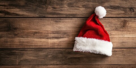 Poster - Santa Claus hat in vibrant red and white positioned on rustic wooden background, featuring ample copy space on left side for text placement.