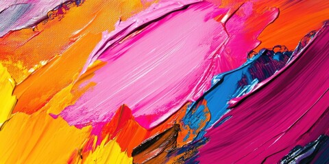 Poster - Vibrant abstract acrylic art featuring dynamic brushstrokes in shades of pink, orange, blue, and yellow creating unique textured wall decor