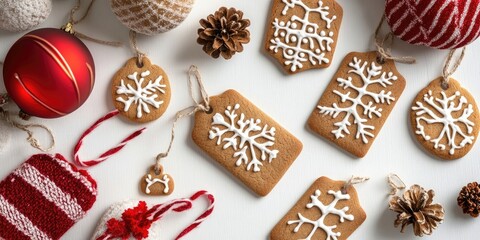 Poster - Assorted Christmas gift tags in snowflake designs with gingerbread cookies, red ornaments and pine cones arranged aesthetically on a white background