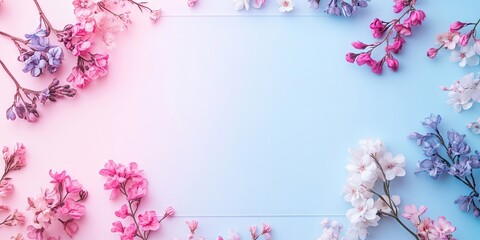 Aufkleber - Pastel floral arrangement featuring pink, purple, and white blossoms on a soft gradient blue background with ample negative space for text.