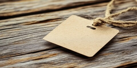 Poster - Empty square price tag with twine, positioned on rustic wooden surface. Natural tones of brown and beige complement the textured background.