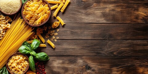 Poster - Rustic wooden background with various pasta types in brown bowls, fresh basil, and colorful spices arranged on the left, creating a warm culinary scene.