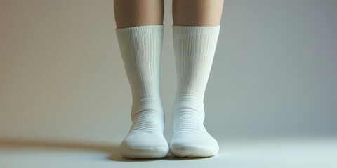 Aufkleber - White knee-high socks standing upright with subtle ribbing on a soft grey background, showcasing texture and form, gently illuminated.