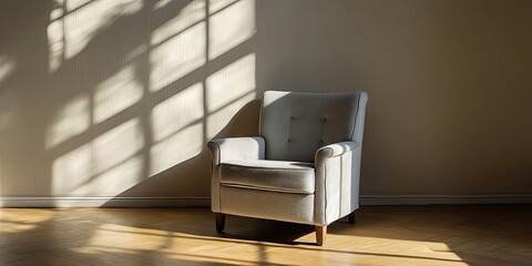 Fototapete - Gray armchair placed against a light-colored wall in a spacious, sunlit room with wooden flooring and soft shadows creating an inviting atmosphere