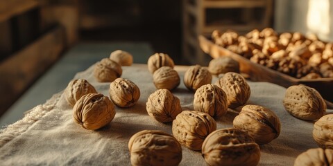 Poster - Scattered walnuts on a rustic table with natural lighting highlighting their texture, background with blurred shelled walnuts in a bowl