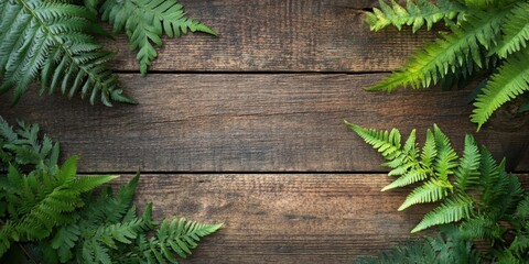 Poster - Aged brown wooden plank background with vibrant green wild ferns on edges creating natural frame perfect for copy space and design projects