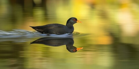 Aufkleber - Moorhen gliding on calm water reflecting vibrant colors and softly blurred greens showcasing elegance and tranquility in nature's serene backdrop