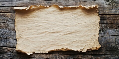 Aufkleber - Aged parchment paper with uneven edges placed on rustic wooden background showcasing warm brown tones and natural textures on the surface