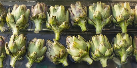 Poster - Fresh green artichokes arranged neatly in rows, showcasing their vibrant hues and natural textures against a clear plastic container.