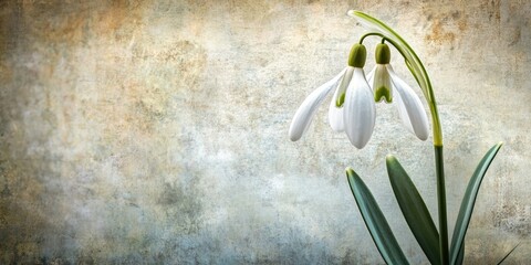Fototapete - Delicate snowdrop flower with white petals and green accents against a textured brown and gray background capturing nature's serene beauty