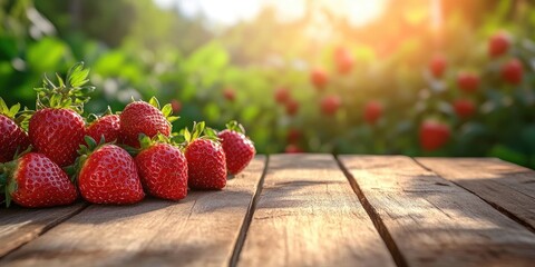Poster - Ripe strawberries on a rustic wooden table with a blurred green garden background featuring warm sunlight creating a serene gardening ambiance