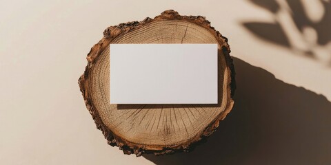 Poster - Minimalist wooden slice background with blank white business card placed centrally, soft shadows creating depth in warm tones.