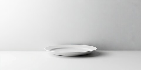 Poster - A minimalistic white plate centered on a light gray surface with a seamless white background highlighting its simplicity and elegance.