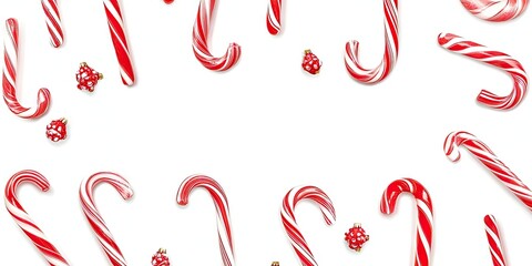Poster - Festive Christmas frame with red and white candy cane pattern against a bright white background creating a cheerful holiday atmosphere