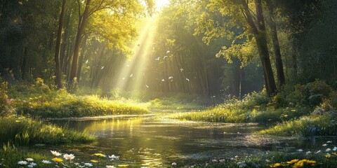 Poster - Sunlit forest scene with golden rays illuminating a serene river, surrounded by vibrant greenery and colorful flowers, evoking tranquility and peace.