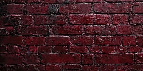 Aufkleber - Textured brick wall coated in deep red paint showcasing a dark crimson hue with rough surface details and varying shades of red throughout the bricks.