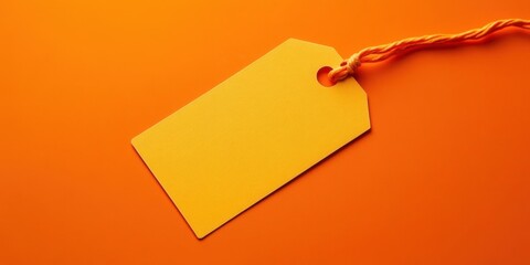 Poster - Blank yellow price tag with a hole and twine on an orange background creating a vibrant and eye-catching space for custom text or information.