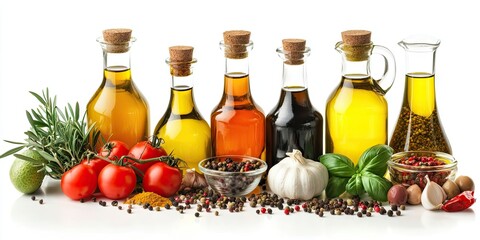 Poster - variety of oil bottles arranged in a row with ingredients including tomatoes, garlic, basil, herbs, 